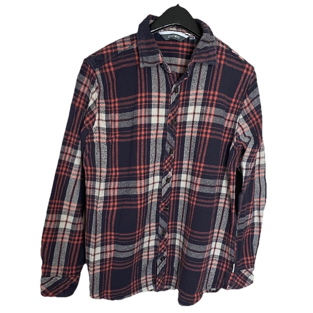 Depart West Madras Flannel Casual Button Shirt Mens Size Large Blue Orange Plaid